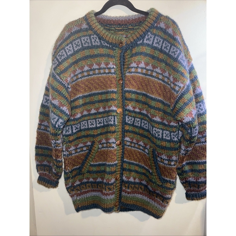 Vtg Hand Knit Fair Isle Wool Cardigan Sweater Geometric Mens L Grandpa